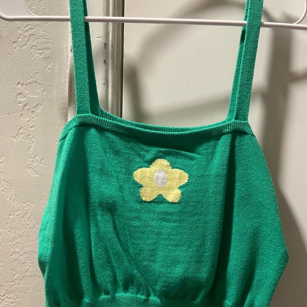 Green Knit Tank Top with Flower Design